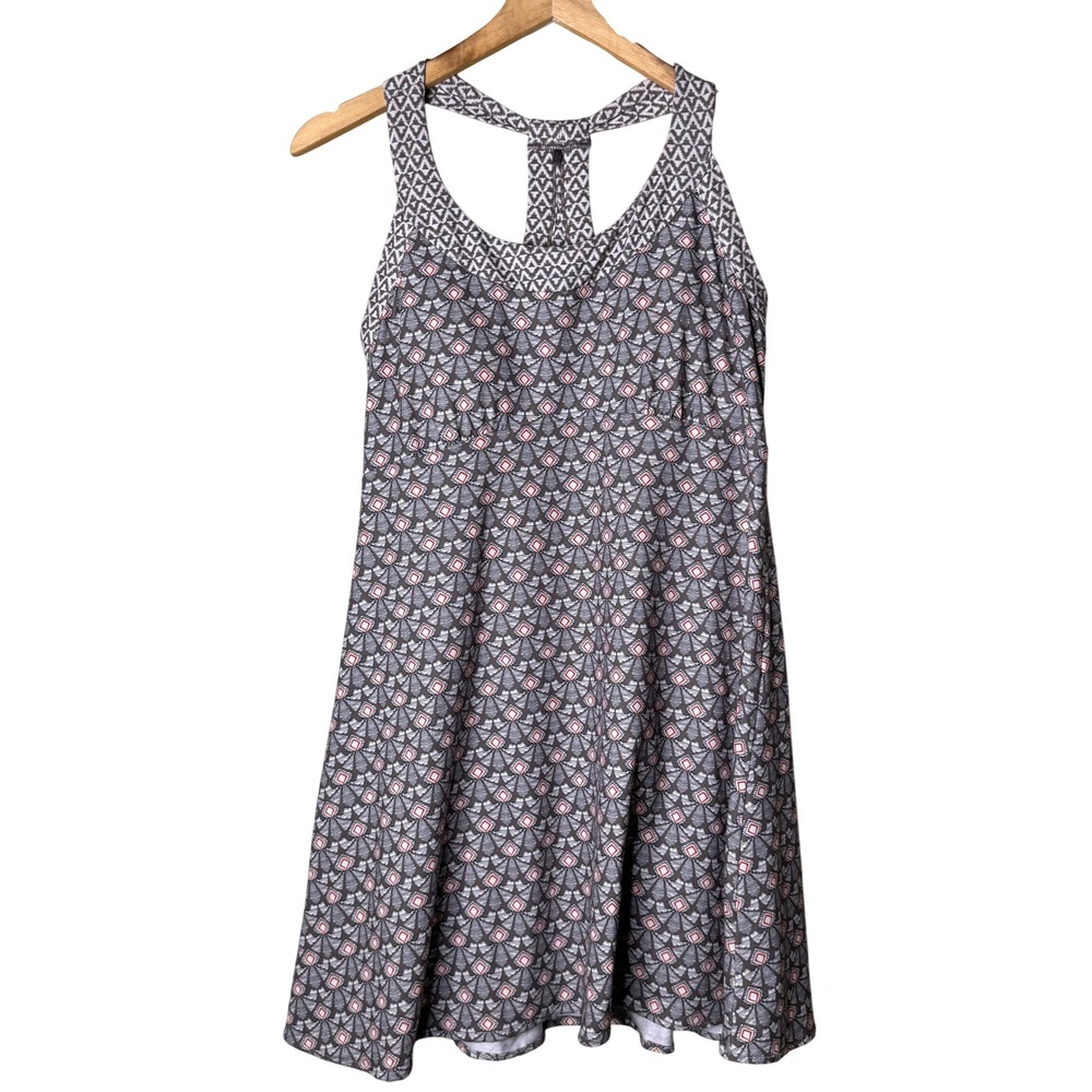 Prana Quinn Dress Large Grey Geometric Diamond Racerback Built-in Bra Athletic
